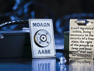 Unisex gun themed jewelry 50 caliber brass and 2nd Amendment Sterling Silver pendant with bolo leather necklace