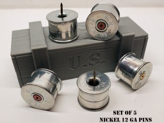 Set of five 12 gauge nickel push pins and miniature ammo box