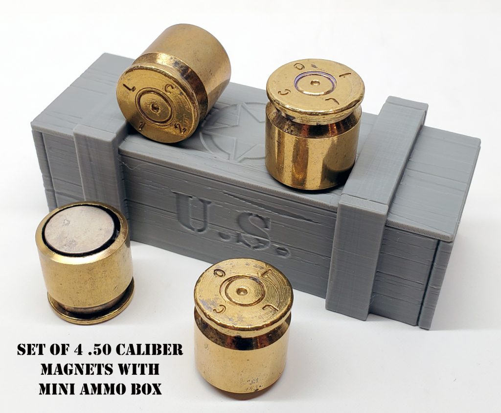 Set of four 50 caliber magnets with miniature ammo box