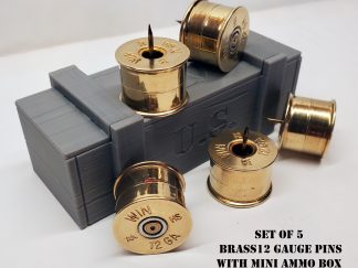 Set of five 12 gauge brass push pins and miniature ammo box