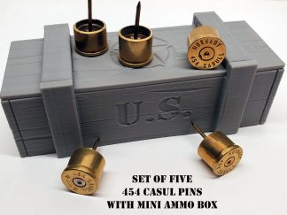 Set of 5 bullet brass push pins made with recycled casing of 454 Casul and mini ammo box