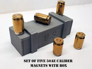Set of 5 bullet brass magnets made with recycled casing of 50 AE caliber and miniature ammo box
