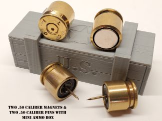 2 bullet brass pins and 2 magnets made with recycled casing of 50 BMG caliber and miniature ammo box