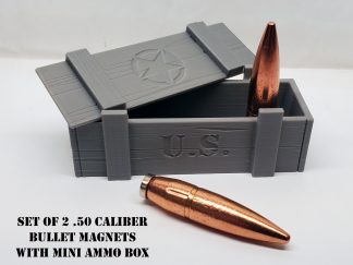 Set of 2 fridge magnets made with 50 BMG caliber bullets and miniature ammo box