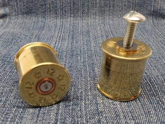 Set of two 12 gauge brass drawer knobs, shell casing pulls for dressers and cabinet doors front and side view
