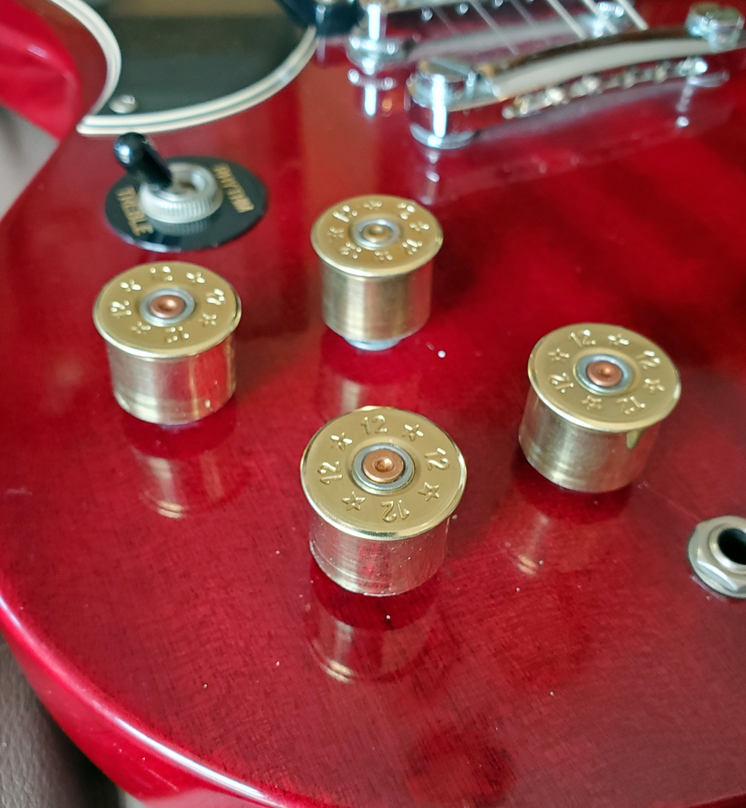 Set of 4 Upcycled 12 Gauge Shotgun Brass Guitar Knobs for Split Shaft Pot Stems